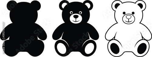 Teddy bear silhouettes and line art set, cute plush toy icons, black and white vector collection for nursery and children design,