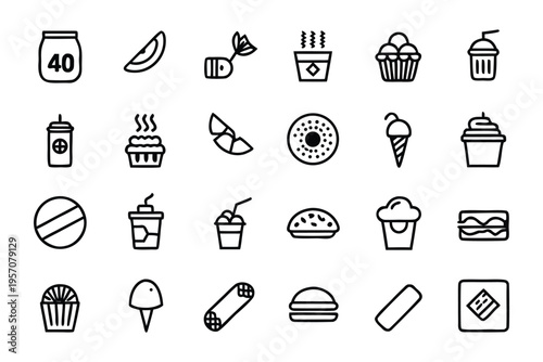 A diverse collection of outline food and drink icons, perfect for menus, apps, and web design, featuring an array of popular snacks, desserts, and beverages in a clean, modern line art style