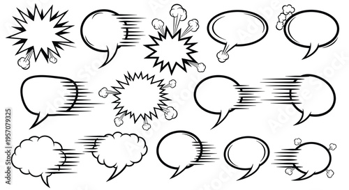 Comic Speech Bubbles Set: Action, Speed, Explosion, Dialogue, Messaging Icons