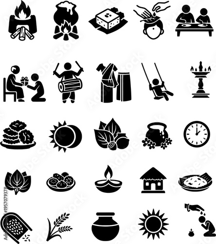 Sri Lankan New Year Icons Set for Sinhala and Tamil Aluth Avurudu