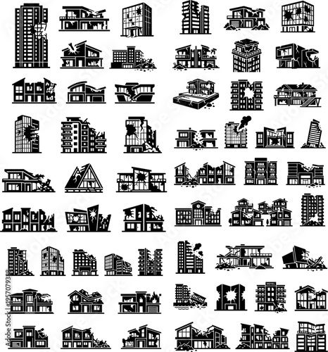 Damaged Building Icons Set Representing War Destruction and Ruins