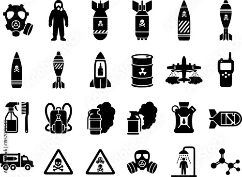 Chemical Warfare and Biohazard Icon Set with Gas Masks and Bombs