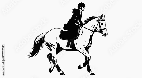 Equestrian Silhouette: A poised equestrian rides her noble steed, a study in grace and strength, as they move in harmonious unison.