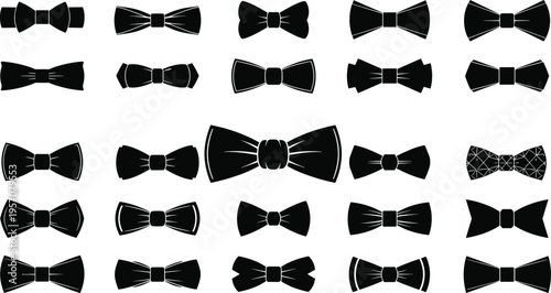 Vector Silhouette Collection of Black Bow Ties in Various Styles, Classic Formal Wear Accessories, Wedding Necktie Elements, Elegant Gentleman Fashion Icons Set