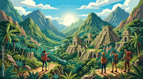A group of hikers discovers a hidden ancient civilization within a lush, vibrant jungle under a bright, sunny sky, evoking adventure and discovery.