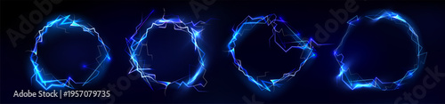 Electric energy frame with glowing blue lightning bolts and neon thunder effect, realistic vector illustrations isolated on black background. Powerful border design of spark discharges