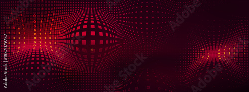 Abstract tech vector background with red halftone light effects, glowing digits and pixel data pattern. Modern digital fintech design with mesh texture and convex bubble elements