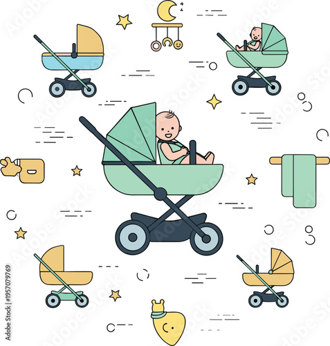 Baby Stroller and Pram Vector Illustration with Infant Walking Scenes Outdoor Travel and Nursery Accessories for Childcare Design.
