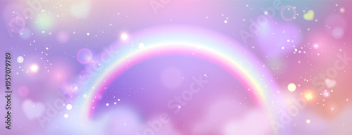 Unicorn rainbow background with pink gradient sky, and sparkle effects, abstract vector fairytale pattern. Magical dreamy blurred backdrop with glitter stars and glowing hearts, iridescent light