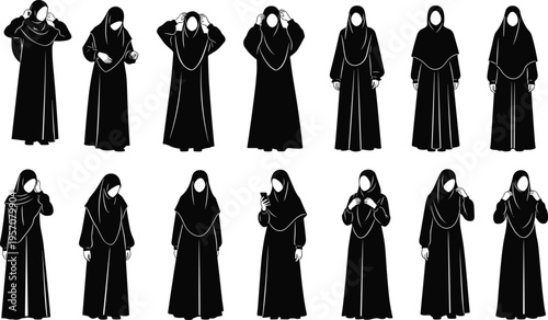 Vector Silhouette Collection of Muslim Women Wearing Hijab and Abaya in Various Poses, Islamic Fashion Symbols, Traditional Modest Dress, Cultural Outfits Set