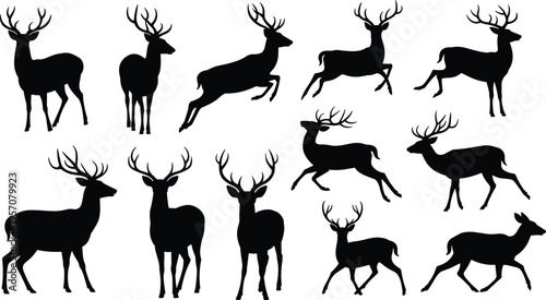 Collection of black deer and buck silhouettes with large antlers in various poses like jumping, standing, and running isolated on a white background