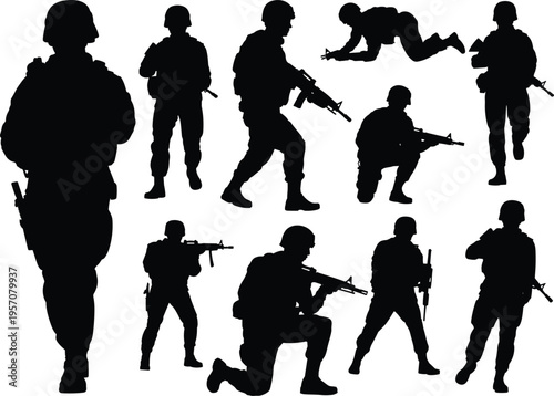 Set of black silhouettes showing modern soldiers in various tactical combat poses including aiming rifles, kneeling, crawling, and standing on a white background