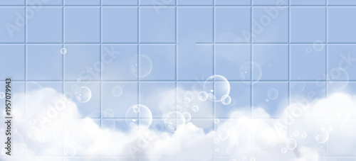 Bathroom tile wall with steam and foam bubbles floating in air, realistic vector background. Fresh clean interior backdrop for soap or shampoo product displays with sparkling water drops