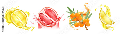 Fresh fruit juice splash with realistic slices, flowing stream, flying drops, set of 3d vector illustrations isolated on white background. Vibrant design elements for tropical drink labels, packaging