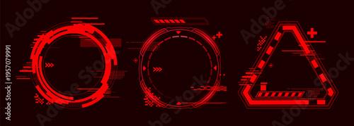 High tech hud interface with glowing red alert frames and futuristic holographic elements, abstract vector icons isolated on black background. Game ui design and cyber punk digital displays