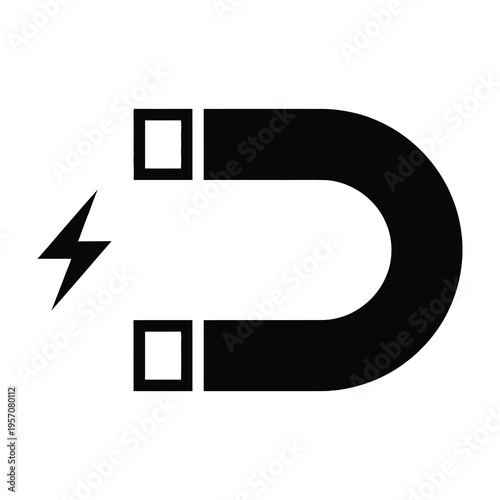 Electrified horseshoe magnet with lightning bolt symbolizing magnetic attraction and energy on white background