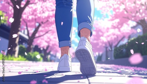 桜の花びらが舞う道を進む女性の足元　新生活スタートをイメージ　生成Ai素材