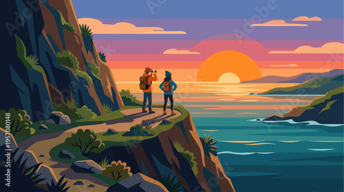 Two hikers with backpacks observe a vibrant sunset over the sea from a rocky cliff edge, depicting adventure and scenic travel.