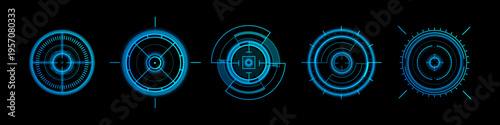 Futuristic HUD target interface with circular radar display, abstract vector set of icons isolated on black background. High-tech neon blue graphic elements for sci-fi games, military system