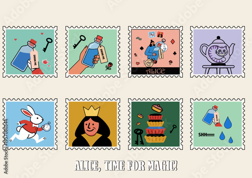 Alice in Wonderland Vector Stamp Set Flat Illustration Icons. Alice Adventures in Wonderland