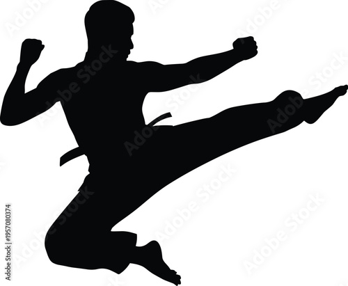 Black Silhouette of a Professional Martial Artist Performing a Powerful Mid-Air Flying Side Kick Isolated on White Background for Karate Taekwondo Sports Graphics