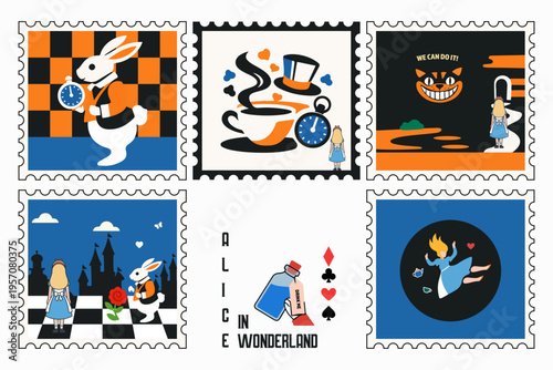 Drink Me Potion and Wonderland Elements Vector Flat Design. Post Stamps. Minimalistic style