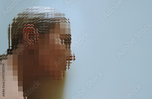Surreal pixelated glitch portrait with facial distortion and fragmentation