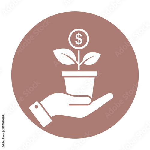 Hand holding potted plant with growing dollar sign symbolizing investment growth and financial prosperity in muted pink background