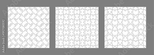 Set of seamless jigsaw puzzle patterns with interlocking pieces in vector outline format. Geometric puzzle shapes perfect for DIY game background, template, graphic design, project, template, activity
