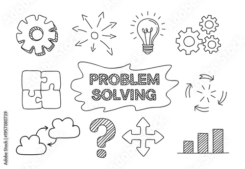 Hand drawn sketch icons shows problem solving concepts. Gears, lightbulb, puzzle pieces, and arrows suggest progress. Clouds and question mark imply uncertainty and inquiry