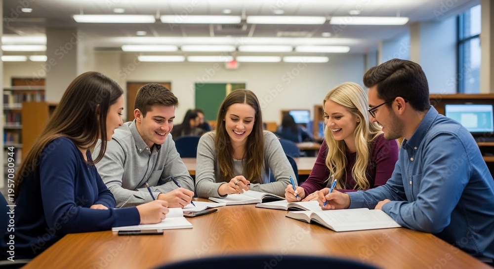 Obraz premium Diverse Group of College Students Studying Together in a Library.