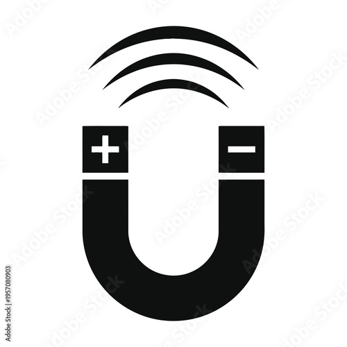 Black horseshoe magnet with positive and negative poles emitting curved magnetic field lines on white background