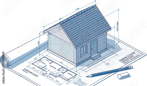 Architectural Blueprints and Isometric House Model Design with Technical Drawings Pencil and Eraser Professional Vector Illustration Layout