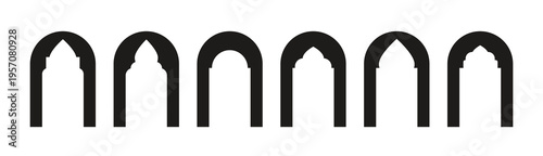 Arab black Arch set. Islam Door Window in flat style. Ramadan frames with oriental ornament. Arabic geometric shapes collection. Muslim templates for banner poster card. Vector simple illustration