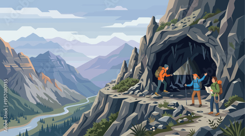 Two hikers with backpacks and poles explore a rocky mountain landscape, one with a flashlight peering into a dark cave entrance.