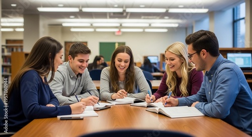Diverse Group of College Students Studying Together in a Library.