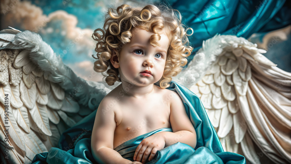Naklejka premium Cherubic child sitting with angel wings and soft expression in clouds 