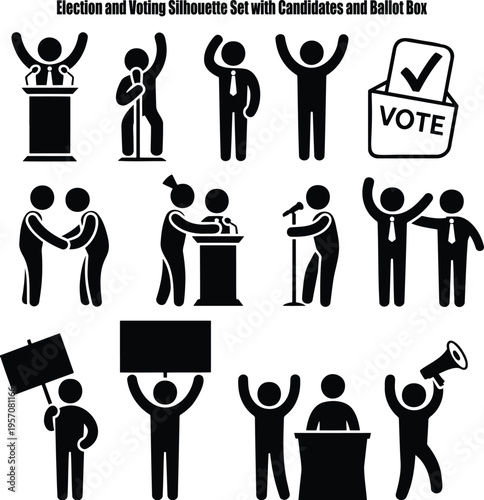 A comprehensive set of election and voting silhouettes featuring political candidates and a ballot box