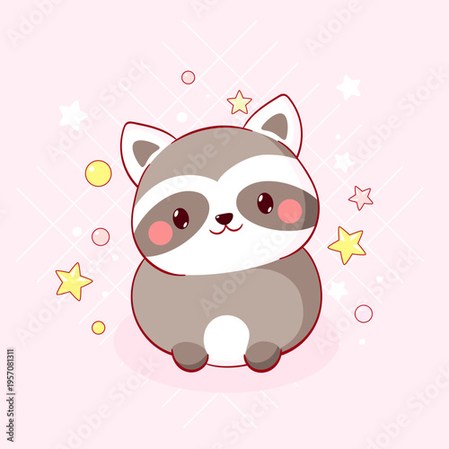 Card with cute cartoon pet. Baby badge with fat raccoon. Sweet baby animal. Can be used for t-shirt print, sticker, badge, greeting card design. Vector illustration EPS8