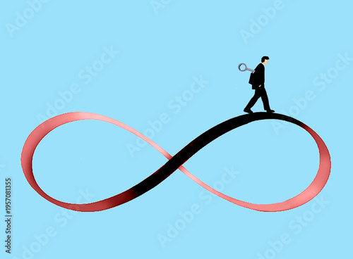 Businessman with wind-up key walking on infinity symbol illustration