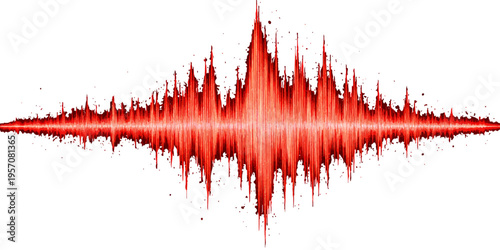 Red blood cells flow over a red and white abstract grunge texture featuring artistic paint splatters and a rhythmic audio equalizer wave design