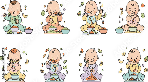 Messy Baby Eating Food Vector Set with Infants Feeding Themselves Vegetables Fruits and Puree with Spills and Cute Mealtime Scenes.