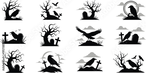 Gothic Raven Cemetery Silhouette Set with Graveyard Crosses, Dead Trees, Moonlit Scenes, and Dark Halloween Vector Illustrations