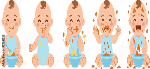 Messy Baby Eating Sequence Vector Set with Infant Feeding Stages Spilling Food and Funny Mealtime Reactions for Childcare Illustration Design.