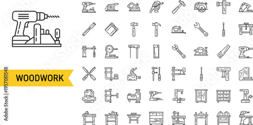 Large collection of woodwork and carpentry line icons featuring power drills saws hammers wrenches workbenches and furniture assembly tools isolated on white background.