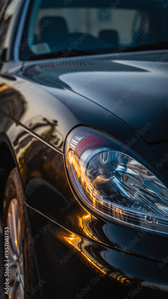 Fototapeta premium Close-up of a black car's front headlight and hood.
