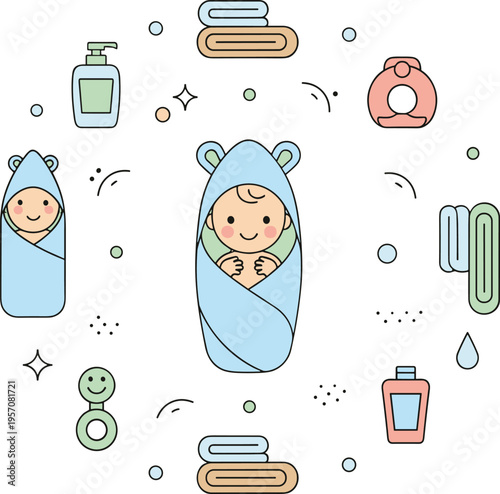 Swaddled Baby Care Illustration with Blanket Wrap Pacifier Towels Lotion and Infant Hygiene Essentials for Newborn Care Design.
