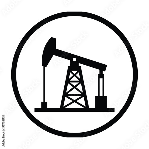 Black silhouette oil pump jack in circular frame on white background symbolizing energy and industry