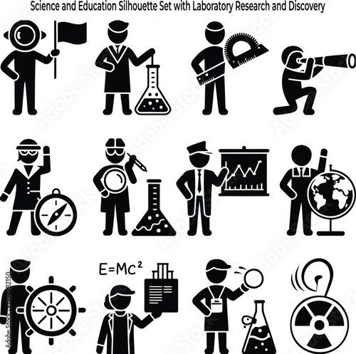 Silhouettes representing various science and education concepts like research, discovery, and learning