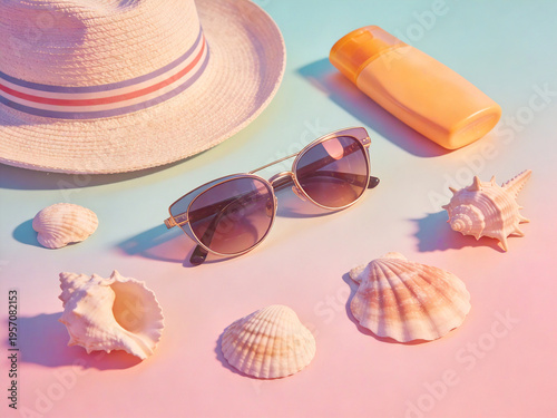summer beach accessories with sunglasses hat and seashells